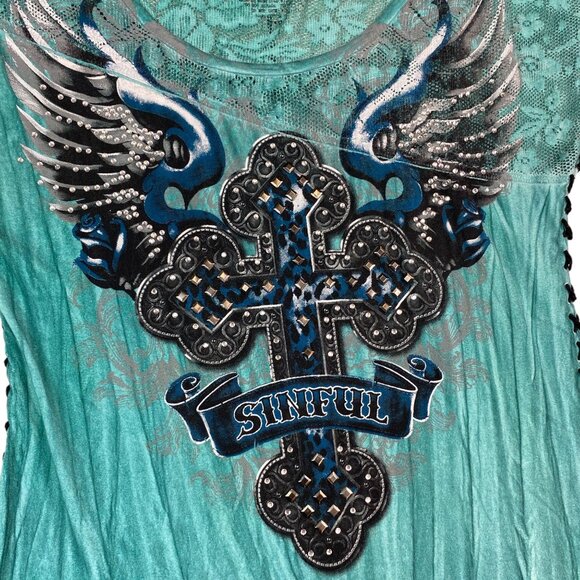Sinful By Affliction Womens S Lace Tee Distressed Studded Wing Graphic Turquoise - Picture 15 of 16
